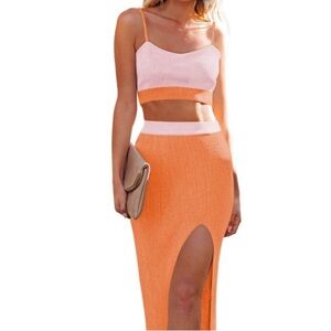 Colorblock Orange and Pink Two-Piece Skirt Set